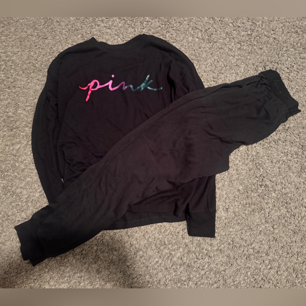 Black Long Sleeve Shirt with Pink Logo with matching Pink joggers
